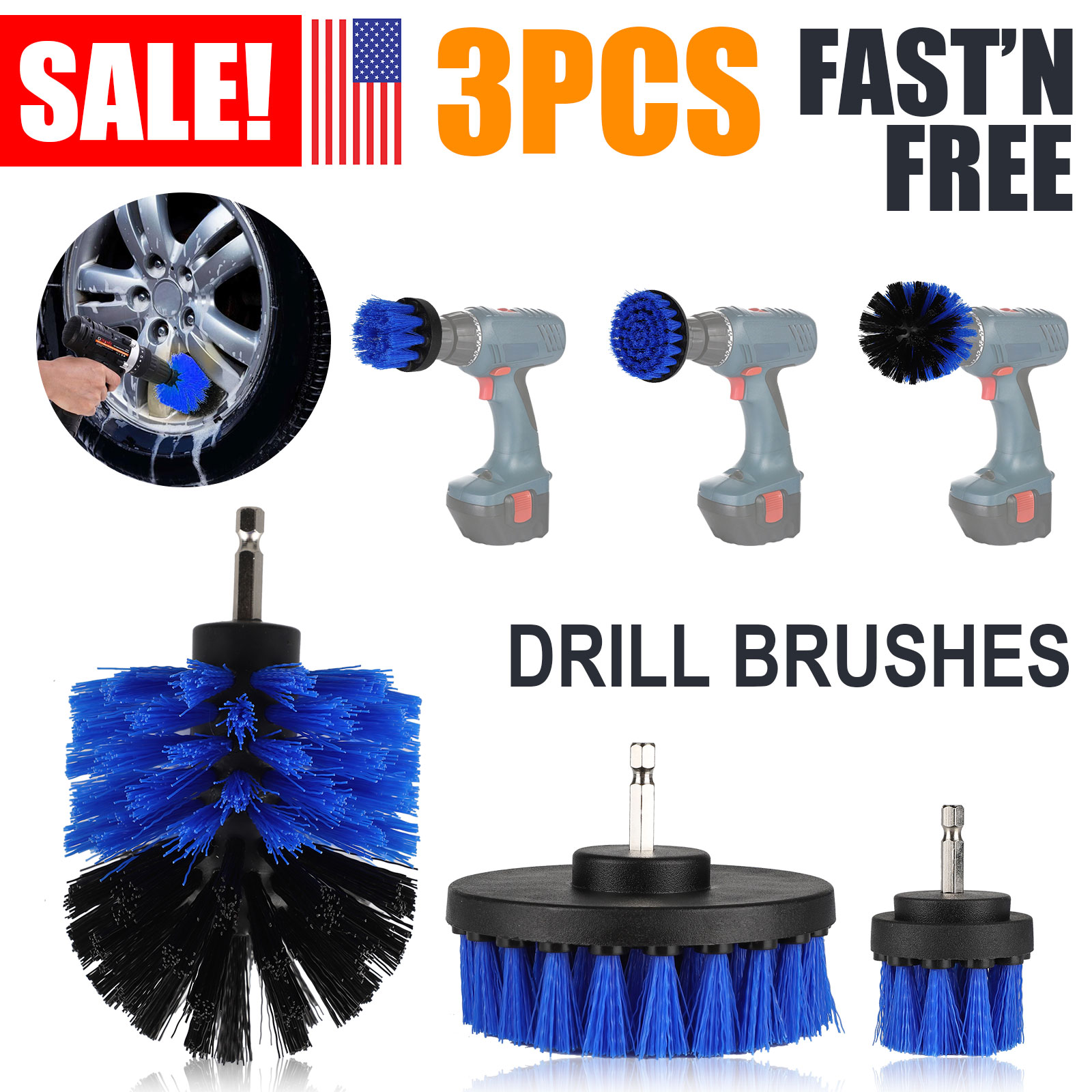Car Brush Drill Scrubber 3Pcs Auto Detailing Cleaning Hard Bristle Brush Tool 