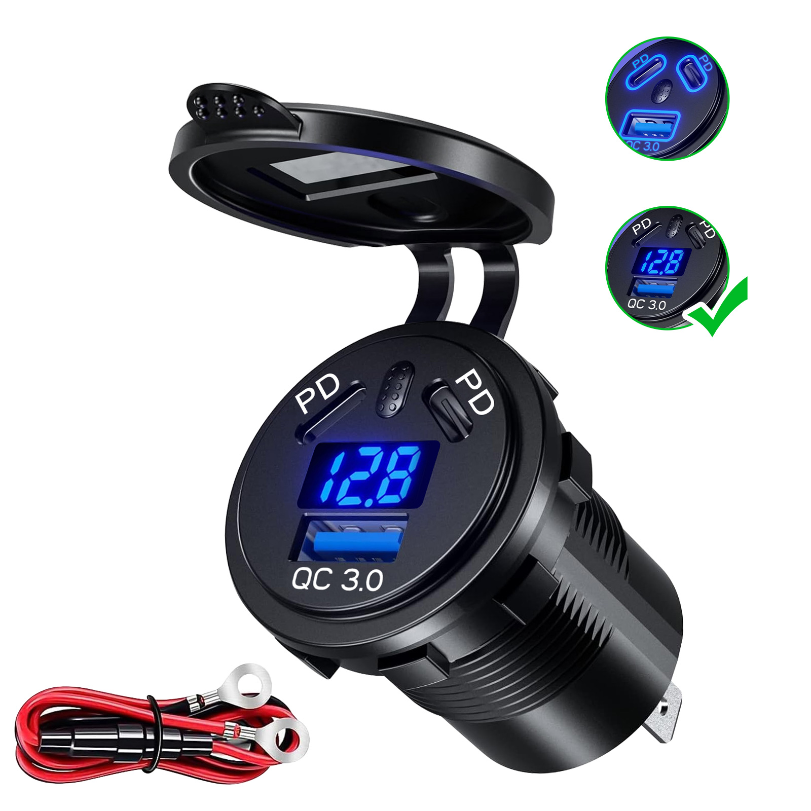 Dual PD Port USB Car Fast Charger Cigarette Lighter Socket Power Adapter 12V-24V