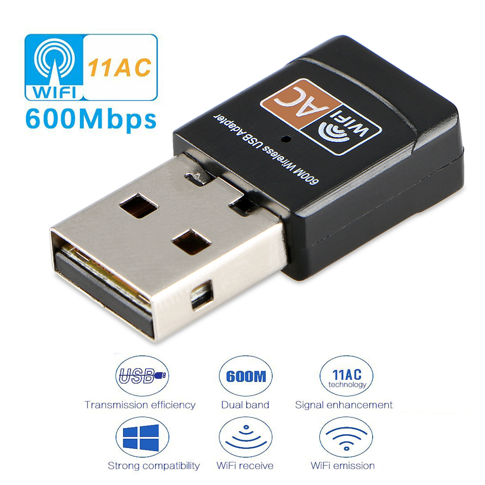 Adaptateur WiFi USB Dual Band AC600 Mbps WANGCL - 2.4GHz/5GHz, Bluetooth 5.0 - Pour PC De Bureau, Plug & Play