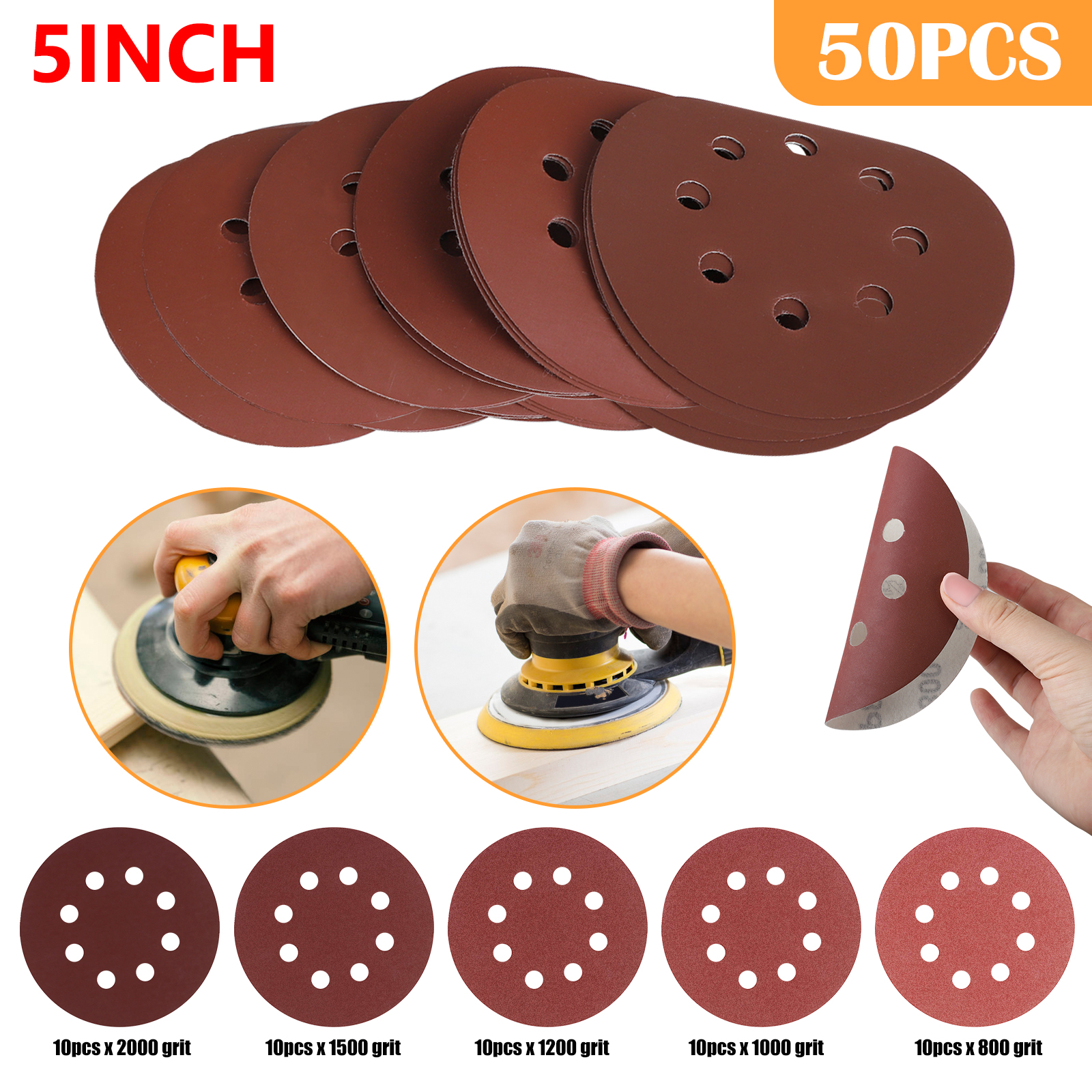 50PCS 5in 8002000 Grit Sanding Discs Orbital Sander paper Sheet Hook