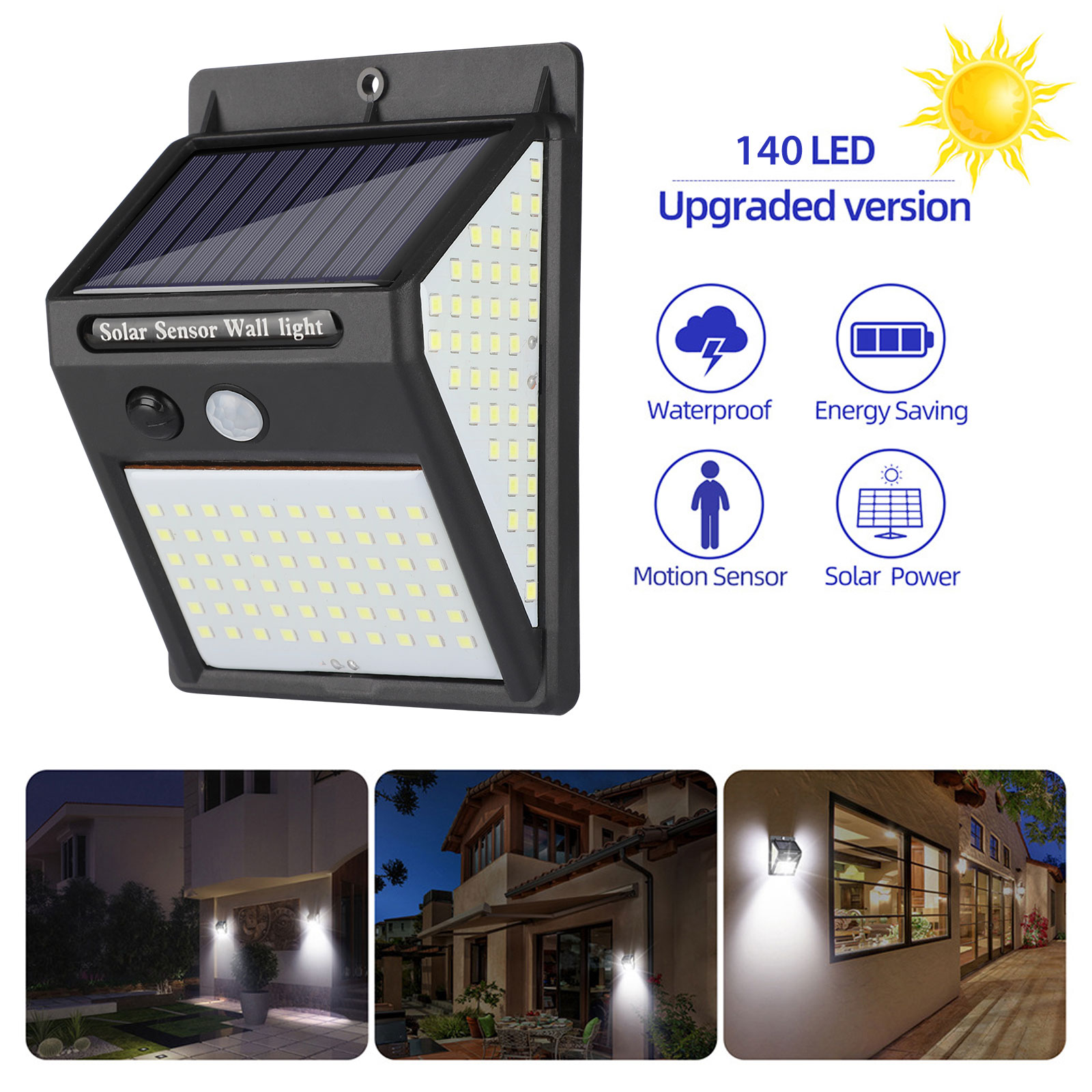 140LED Solar Power PIR Motion Sensor Light Outdoor Garden Security Wall Light UK 
