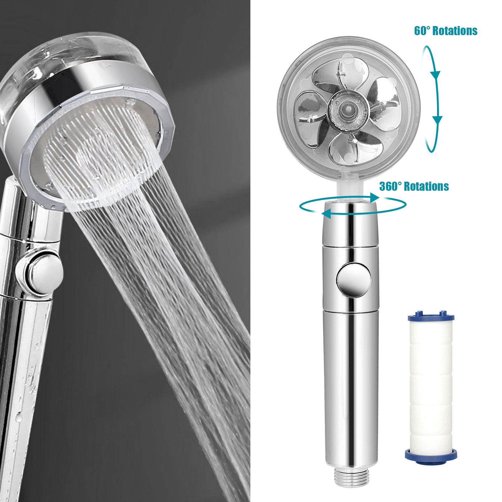 High-Pressure Shower Head Adjustable 360° Rotation Turbine Water Saving w/  Fan | eBay