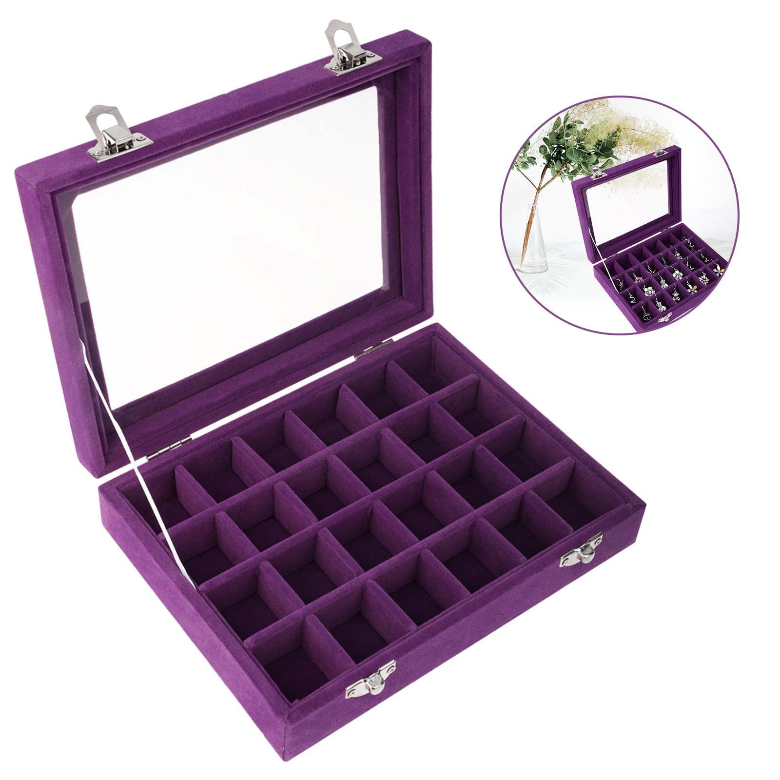 24 Slots Velvet Jewelry Ring Display Organizer Case Holder Earrings Storage Box