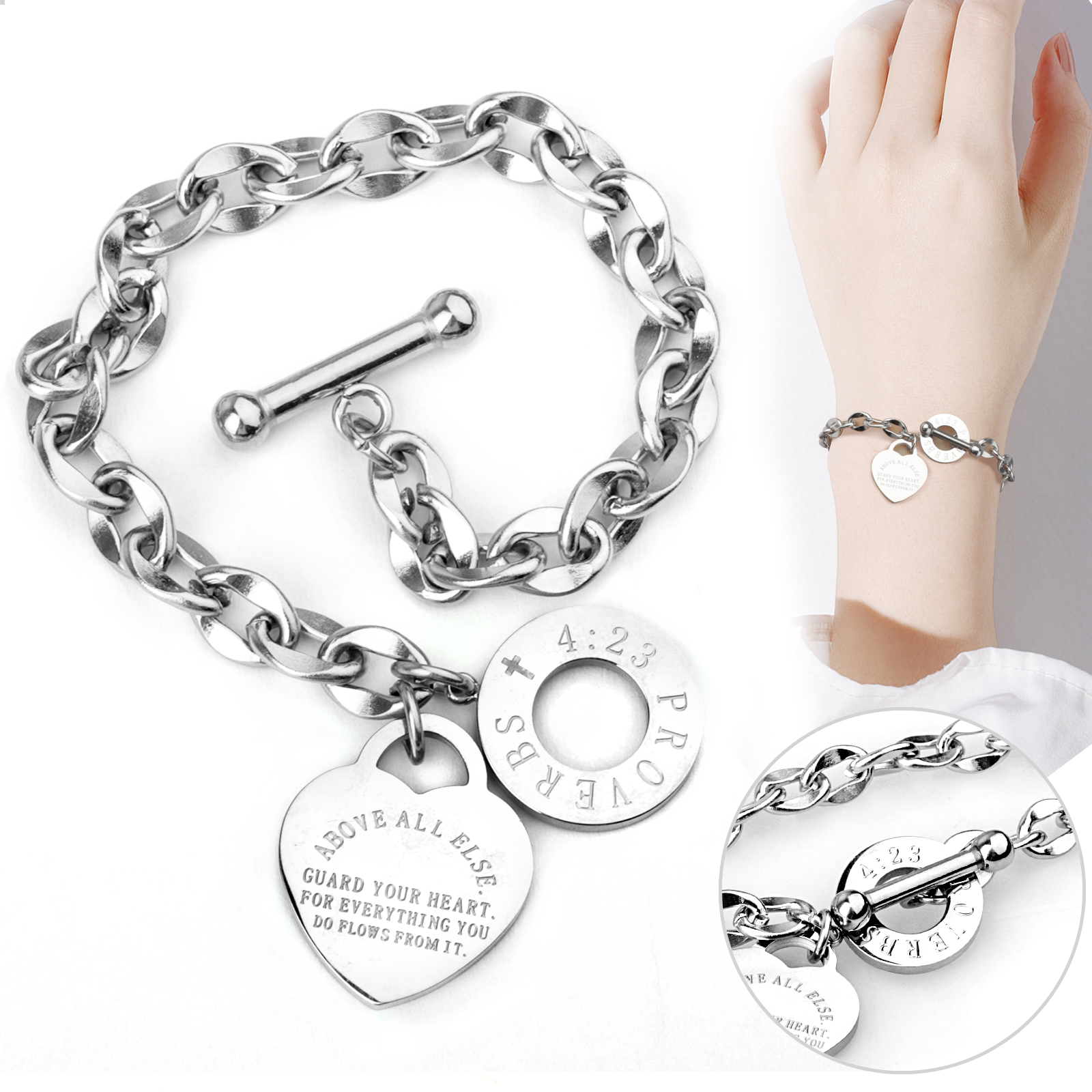 Stainless Steel Cable Wire Heart Shape Charm Acrylic Resin Beads Bangle Bracelet 