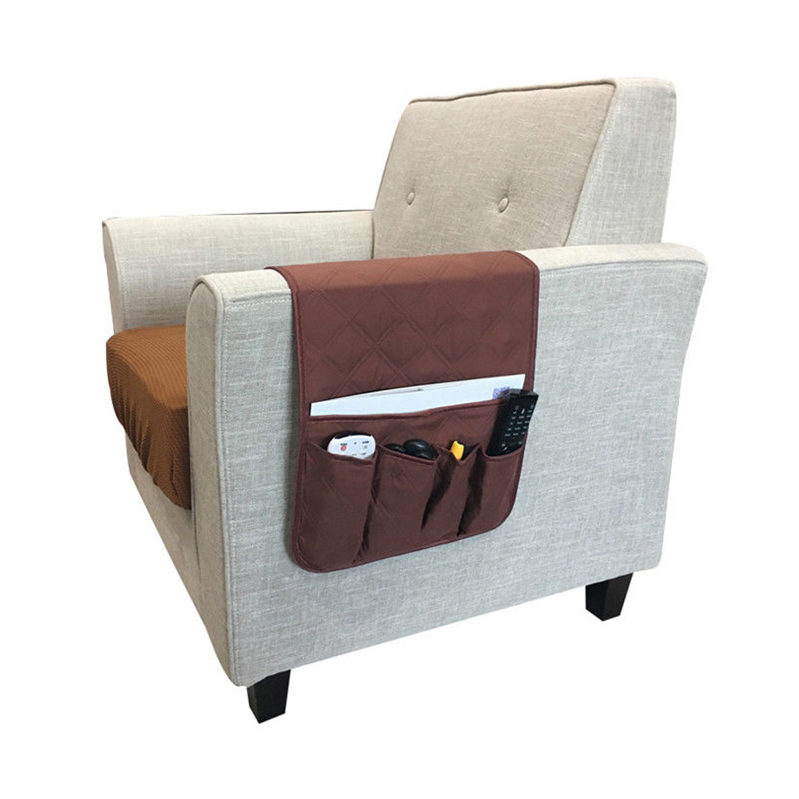 Aolvo Couch Chair Tavolo Cabinet Storage Space Saver Bags Supporto telecomando adatto per Phone Book Magazines 6 Pocket Beige Divano Armrest Organizer con vassoio 
