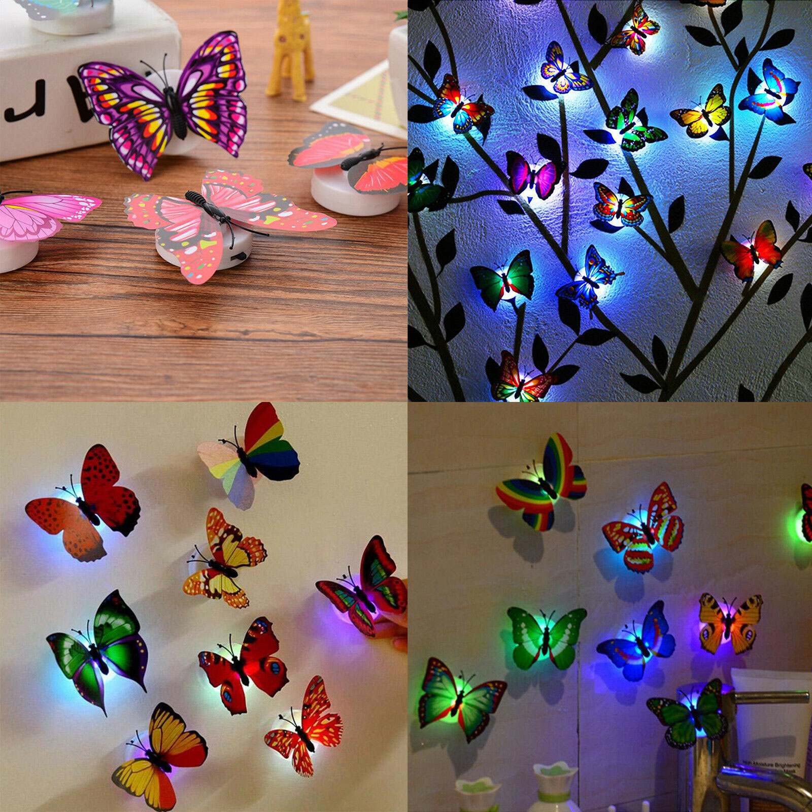 3D Glowing Butterfly Night LED Light Sticker Decals Home Bedroom Desk Wall Decor 
