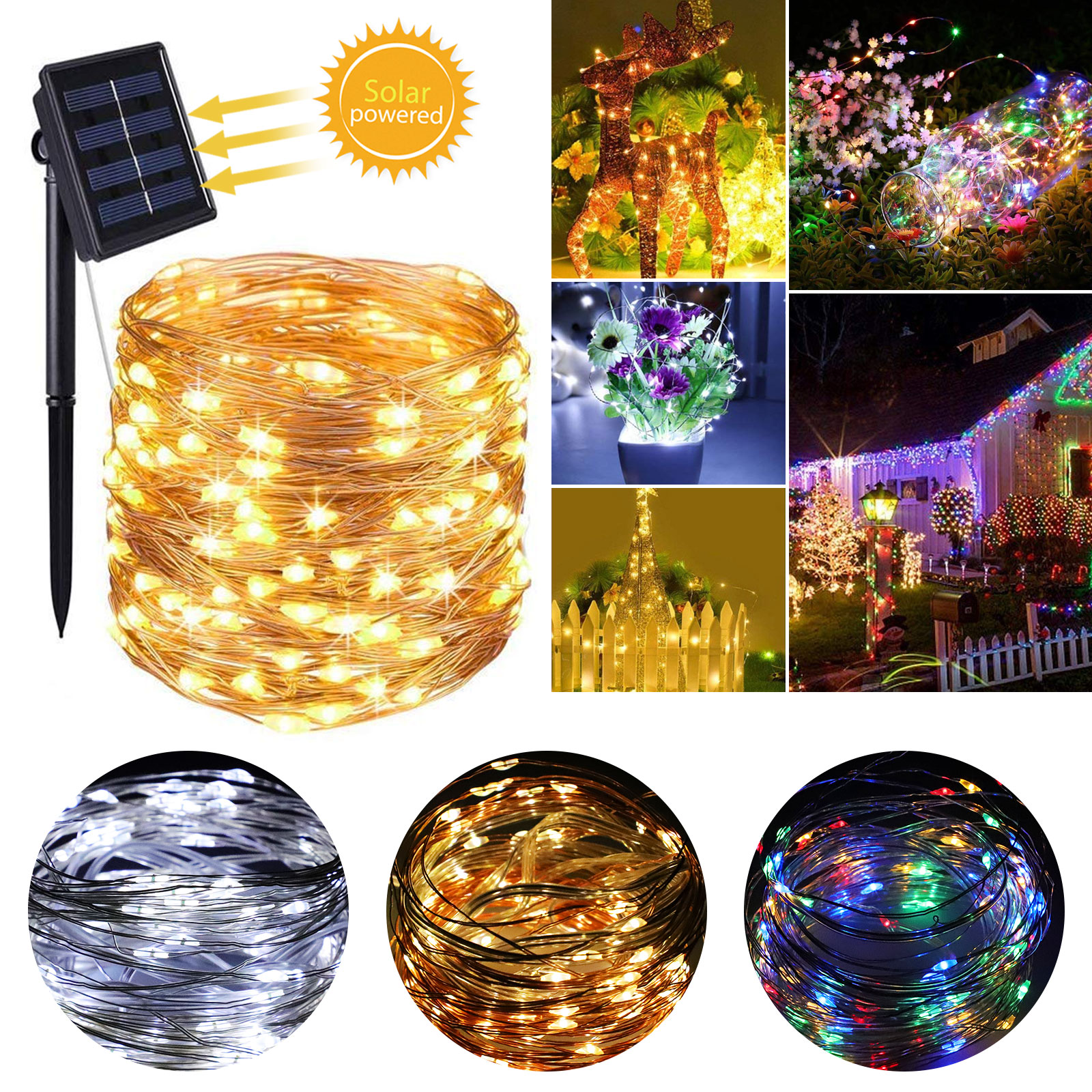 100 200 Led Solar Fairy String Light Copper Wire Outdoor Waterproof