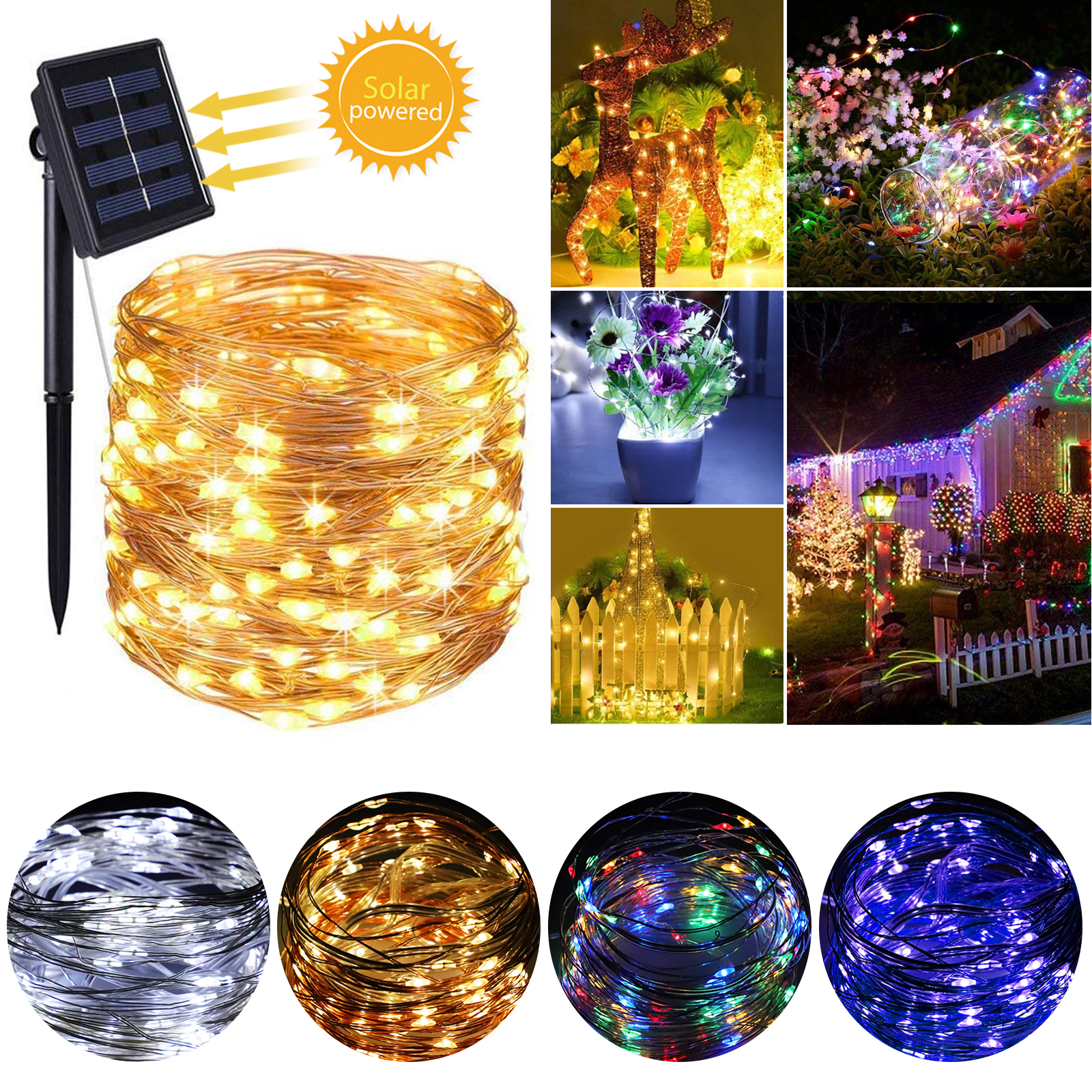 100/200 LED Solar Fairy String Light Copper Wire Outdoor Waterproof Garden Decor 