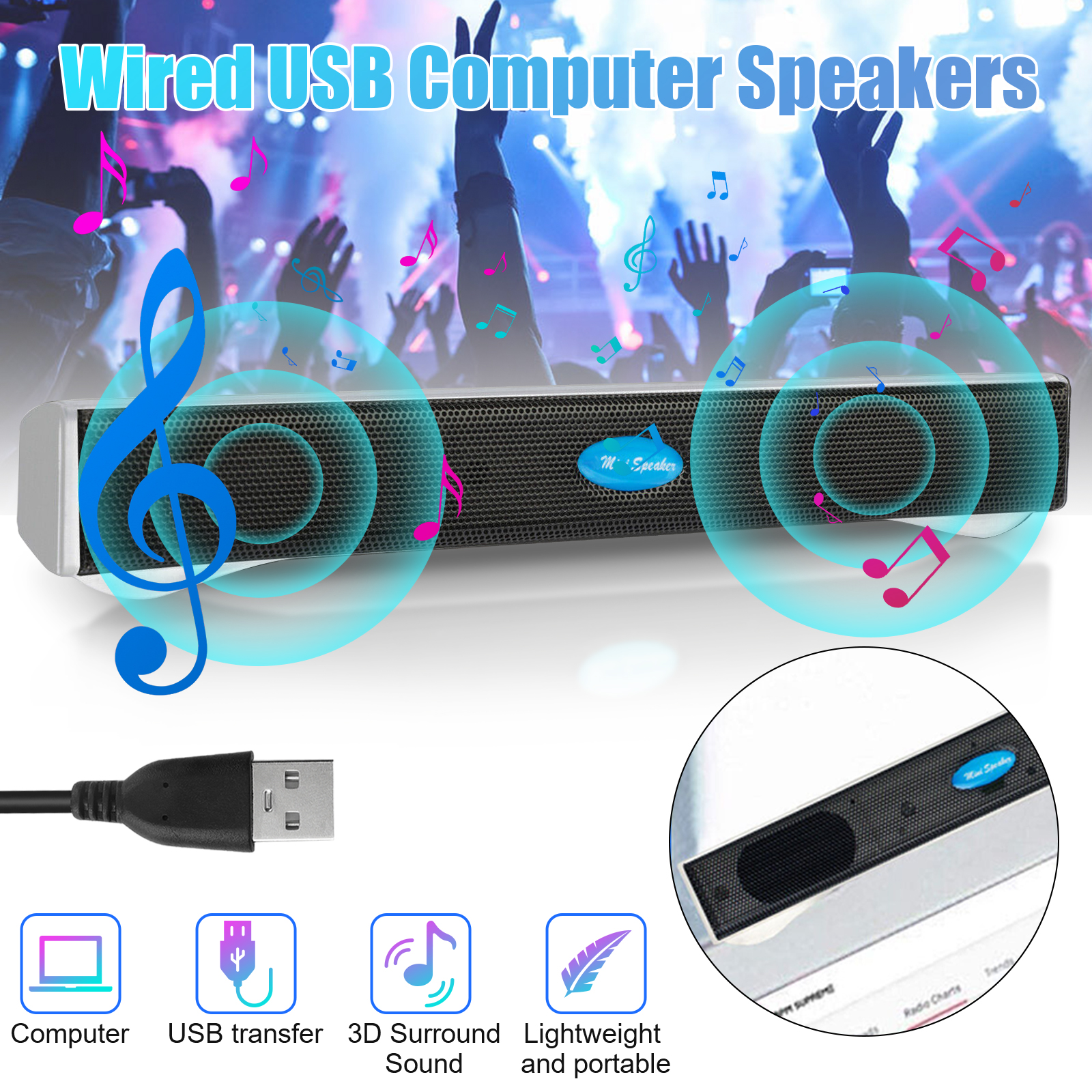 Wired Sound Bar Home Theater 3.5mm USB Clip Computer Speakers Subwoofer Soundbar
