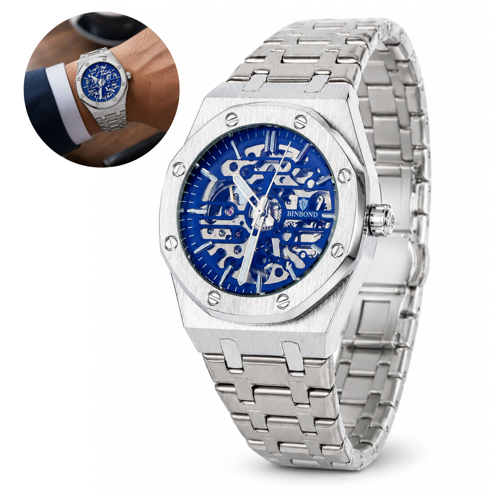 Men’s Luxury Automatic Mechanical Skeleton Watch Octagon Stainless Steel Luminou