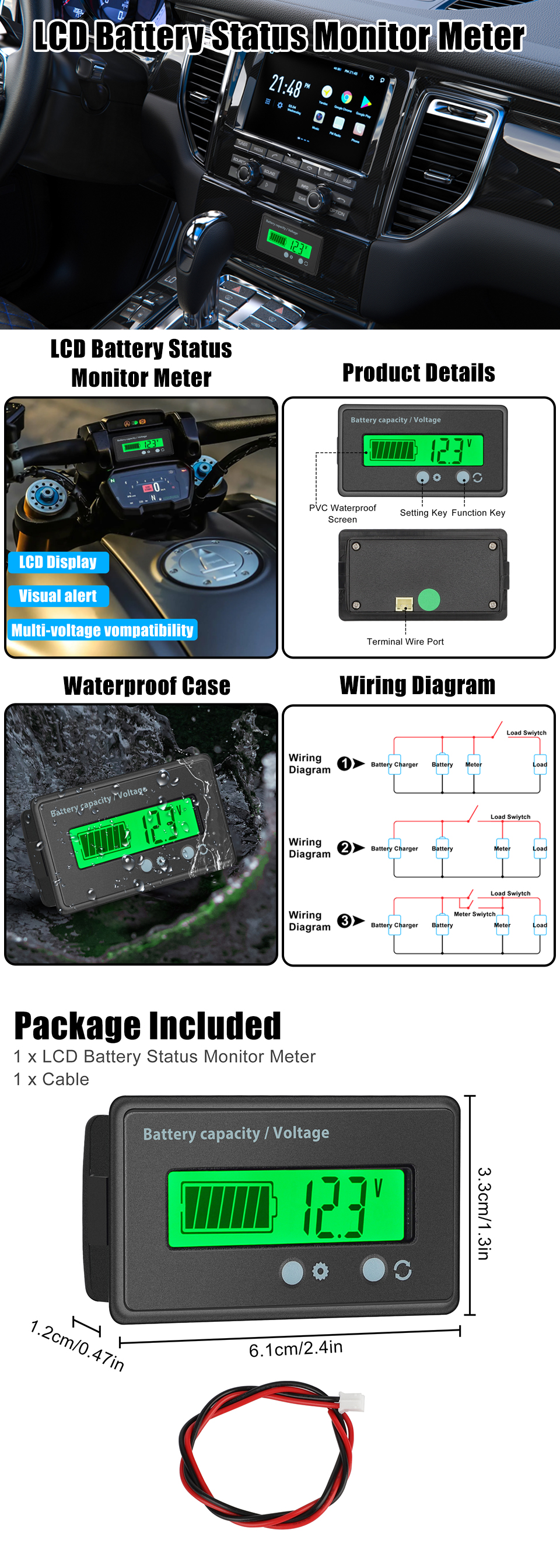 12V/24V/36V/48V/72V LED Digital Battery Status Charge Indicator With Hour Meter Gauge