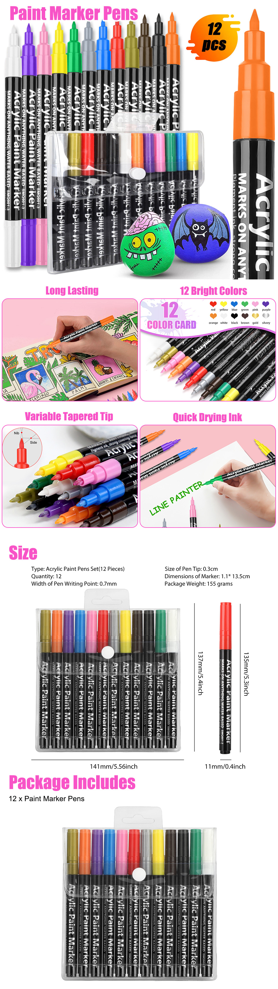 12PCS Colors Acrylic Paint Pens DIY Marker Set Waterproof Premium