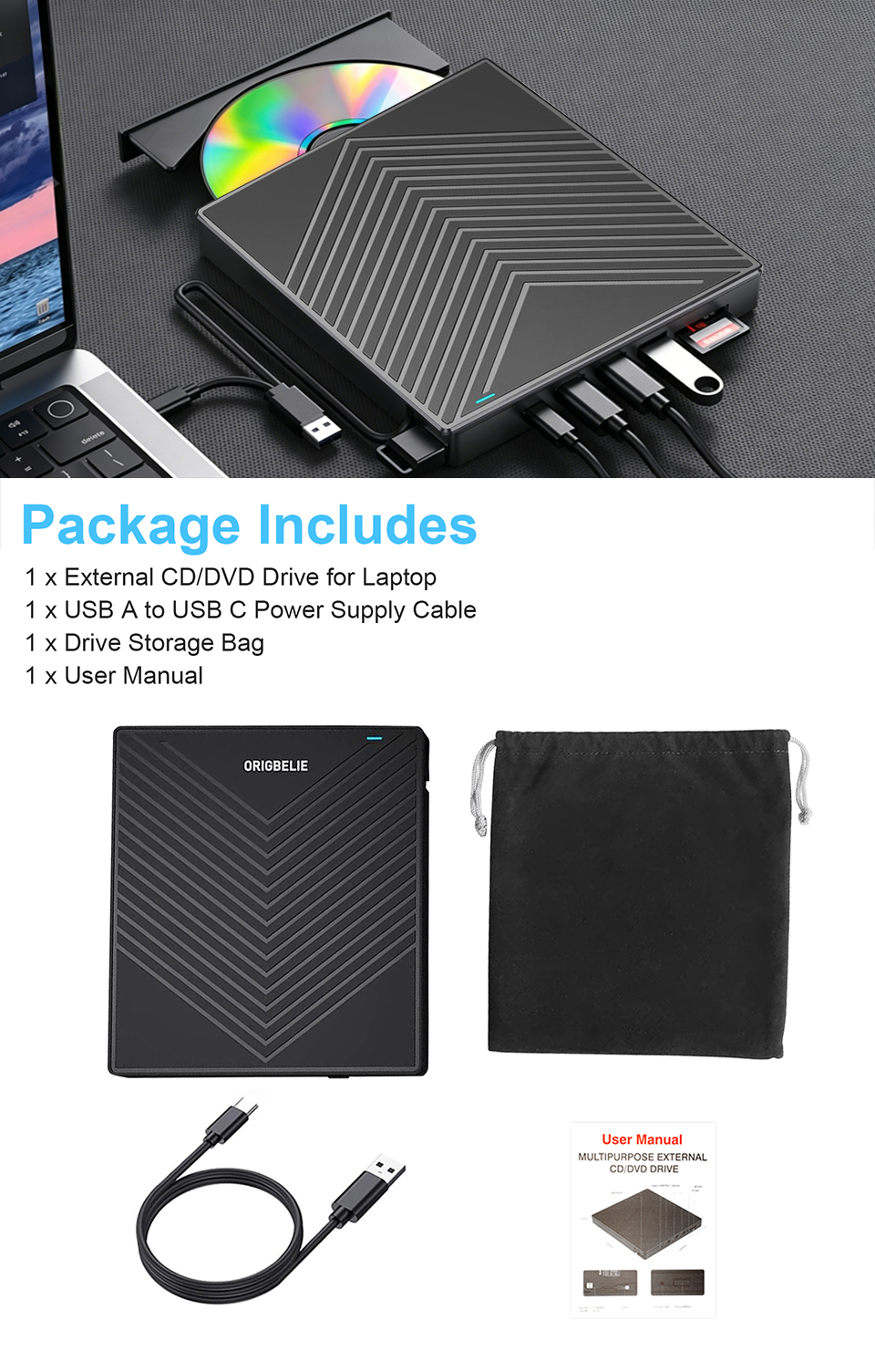 External CD DVD Drive, USB 3.0 Player Burner Writer, for PC Laptop