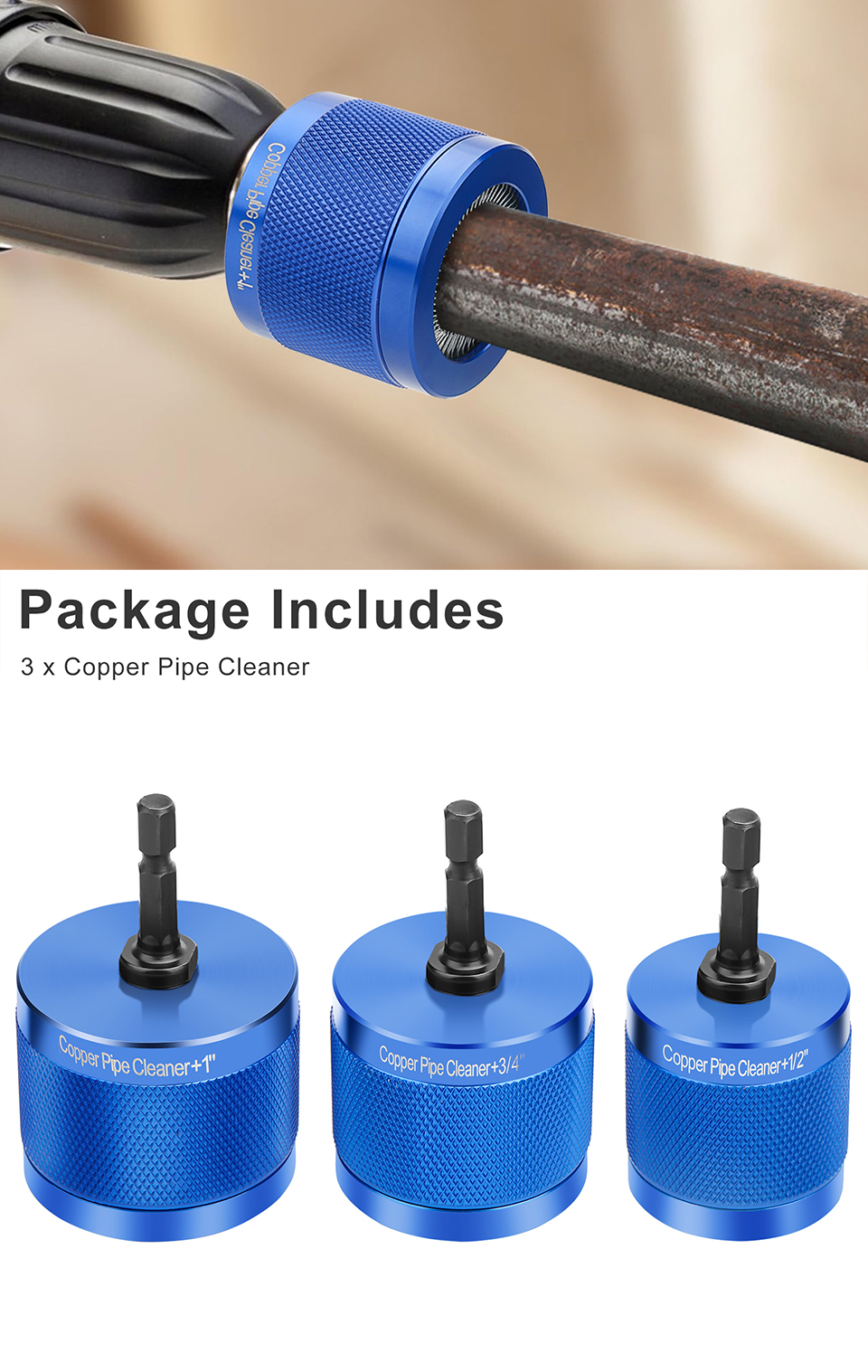 3x Copper Pipe Cleaner Drill Set 1/2